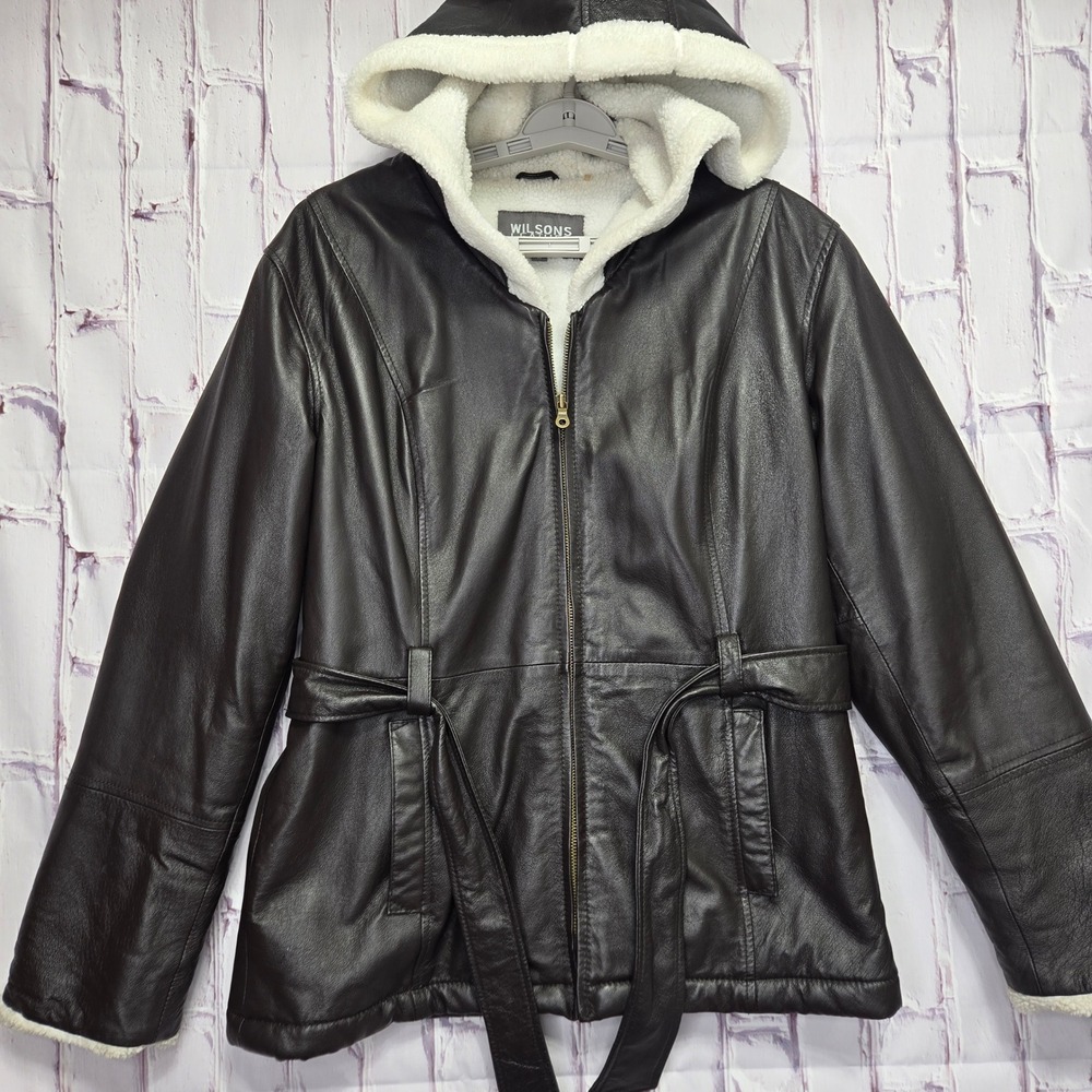 Wilsons Leather Hooded Sherpa Lined Jacket Heavy Womens Size Medium Brown Belted